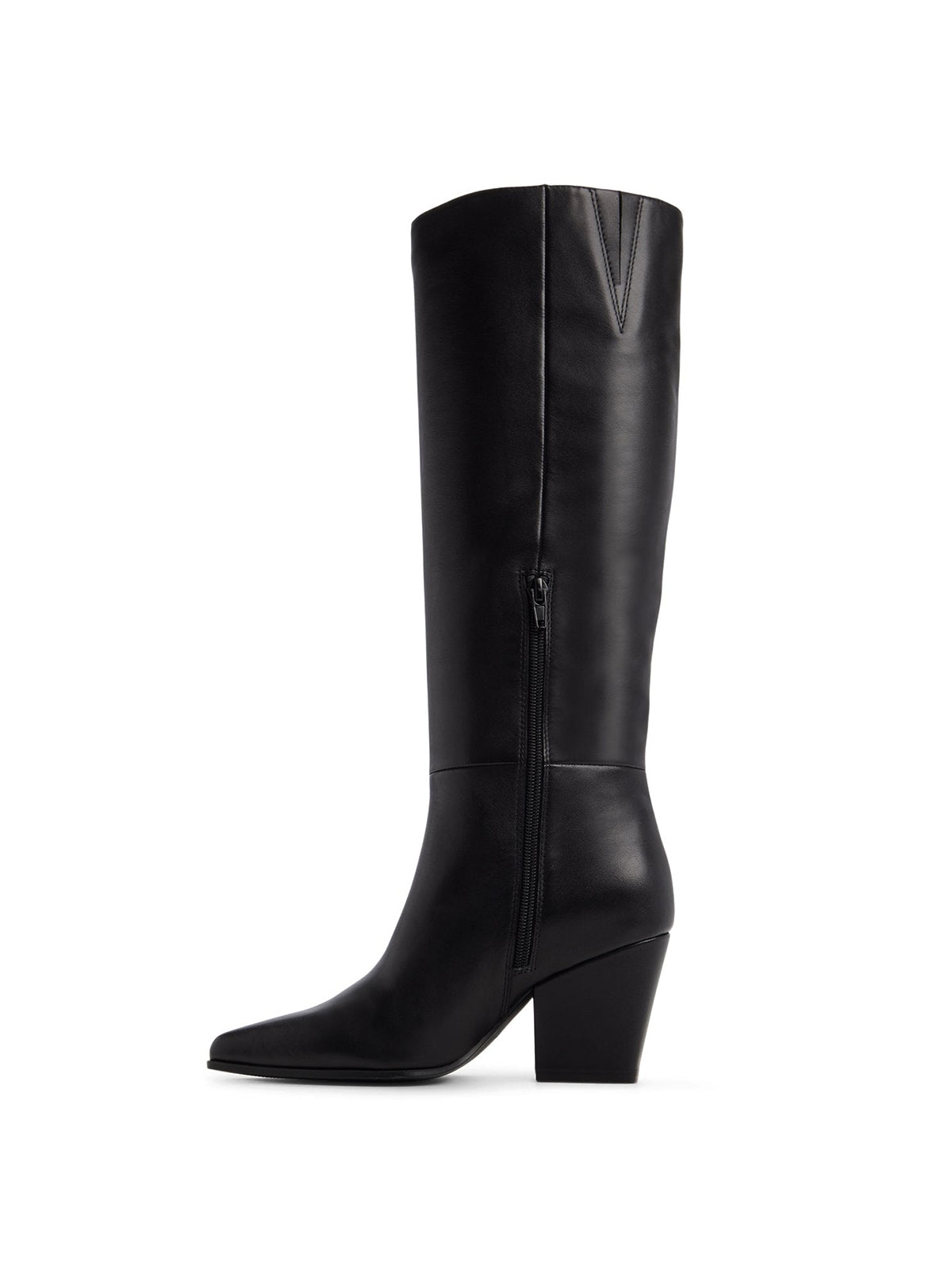 Black Snip-Toe Side Fringe Half-Zip Simple Knee High Cowgirl Boots