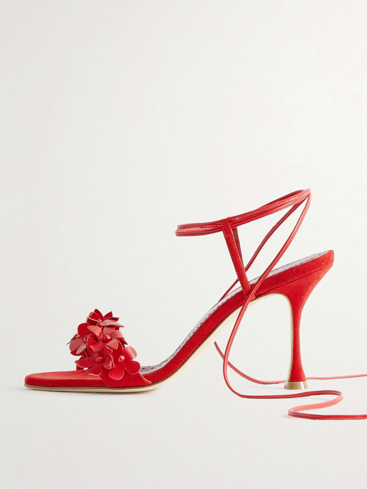 Red Faux Suede Round-Toe Flowers Applique Ankle Strap High Heels