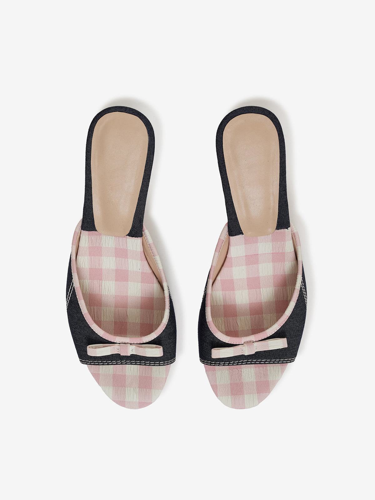 Navy Denim And Gingham Round-Toe Bow Kitten Heels
