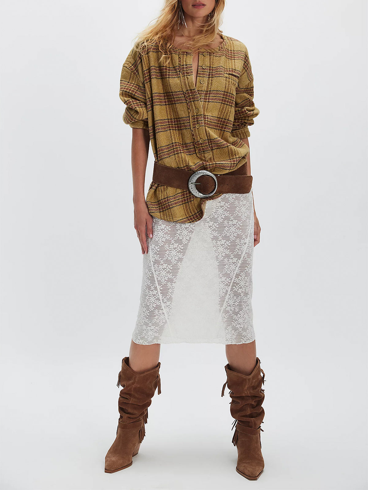 Brown Faux Suede Pointed-Toe Fringe Wide Calf Knee High Cowgirl Boots