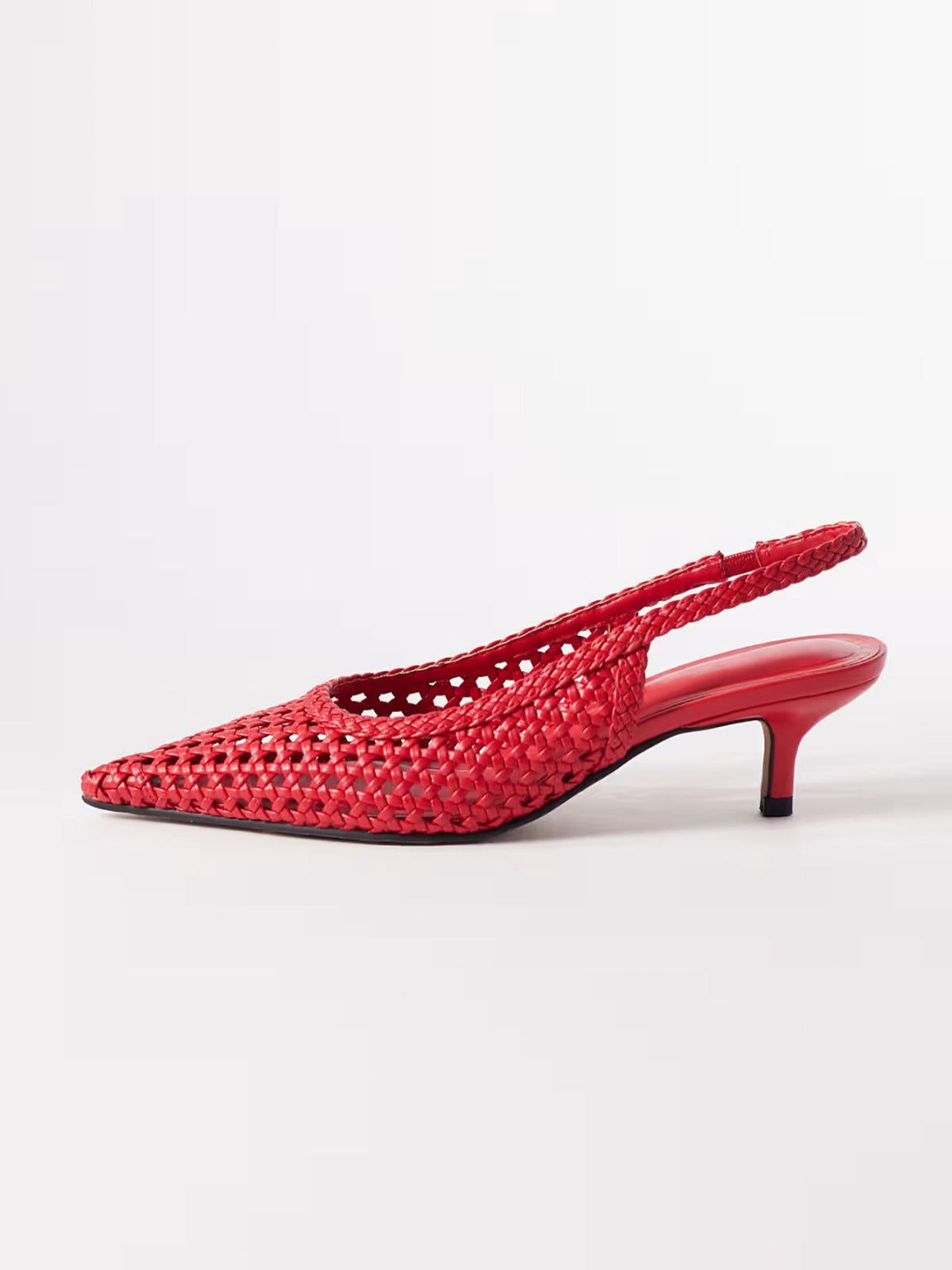 Red Woven Vegan Leather Pointed-Toe Classic Back Strap Kitten Heels