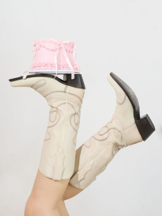 Bone Snip-Toe Simple Embroidery Classic Mid Calf Cowgirl Boots