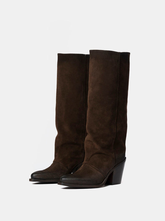 Dark Brown Faux Suede Snip-Toe Simple Wide Calf Knee High Classic Cowgirl Boots