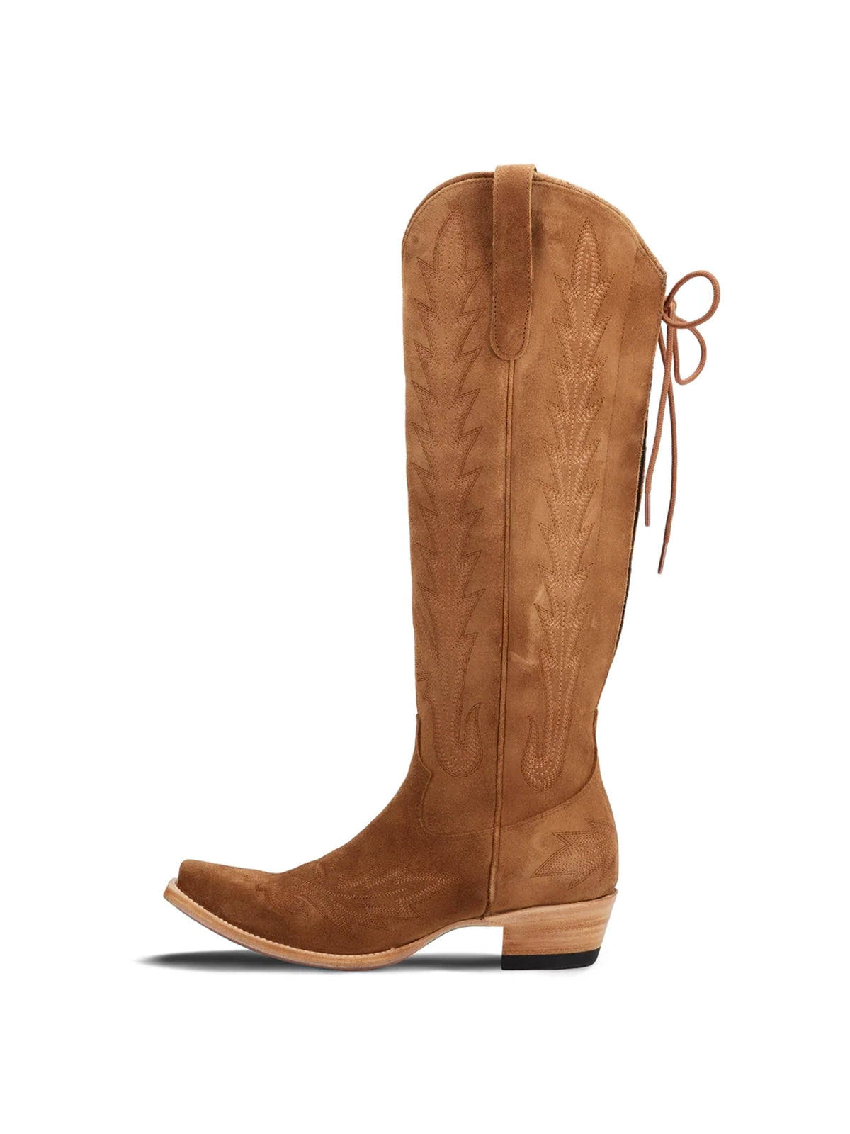 Snip-Toe Embroidery Half-Zip Back Lace-Up Knee High Cowgirl Boots - Toffee Faux Suede