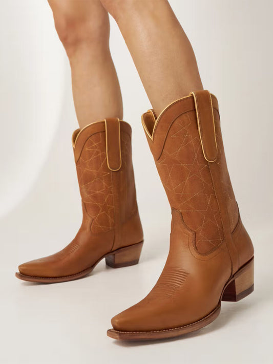 Honey Snip-Toe Stars Embroidery Mid Calf Classic Cowgirl Boots