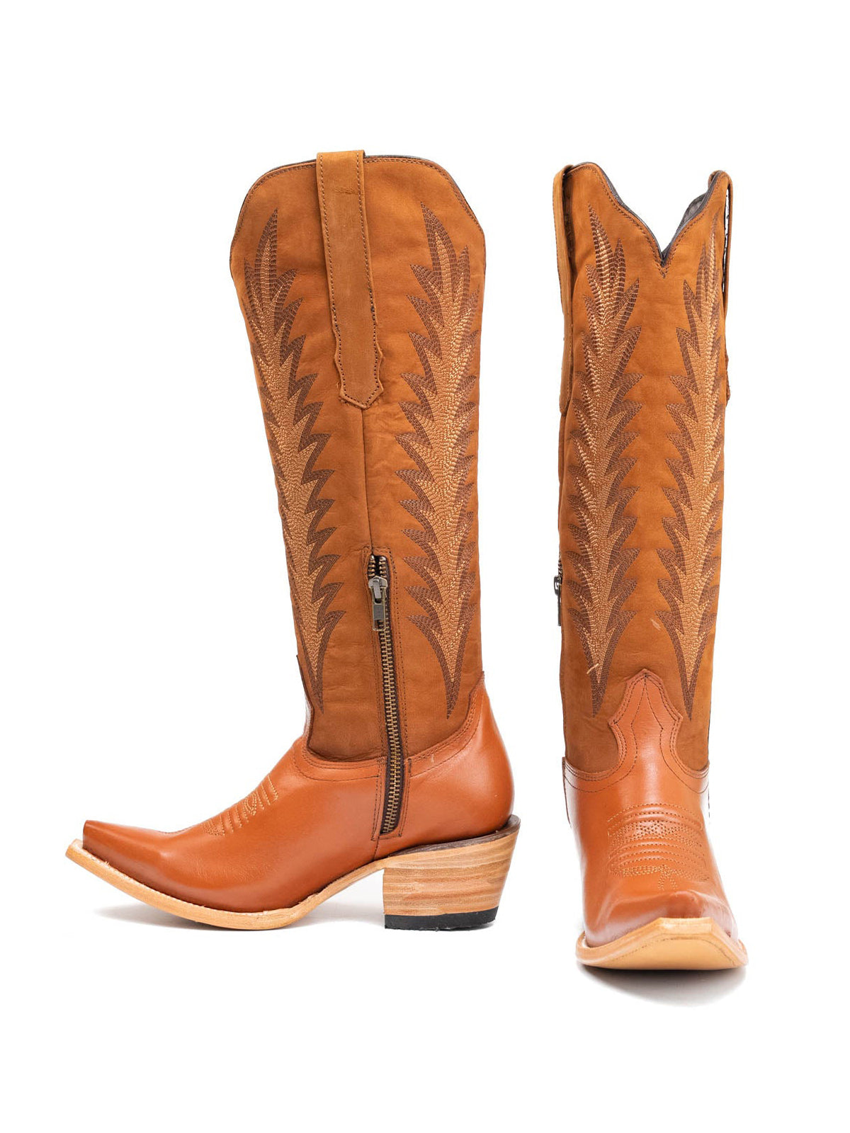 Orange Vegan Leather Snip-Toe Embroidery Half-Zip Knee High Chic Cowgirl Boots