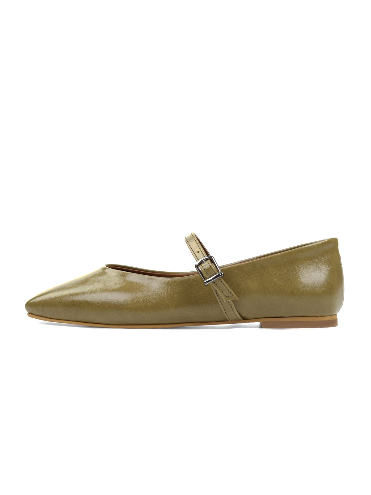 Olive Green Square-Toe Buckle Bridge Strap Stylish Ballet Flats