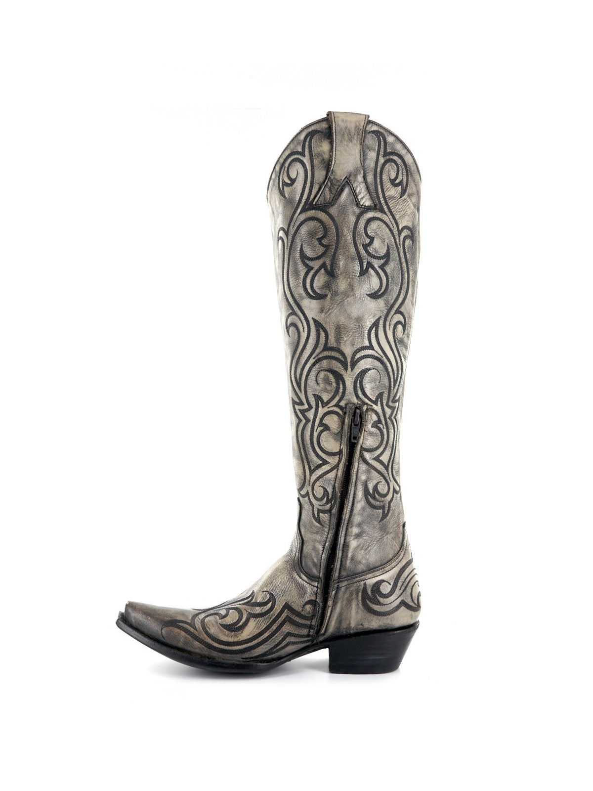 Distressed Bone Snip-Toe Delicate Embroidery Half-Zip Knee High Cowgirl Boots