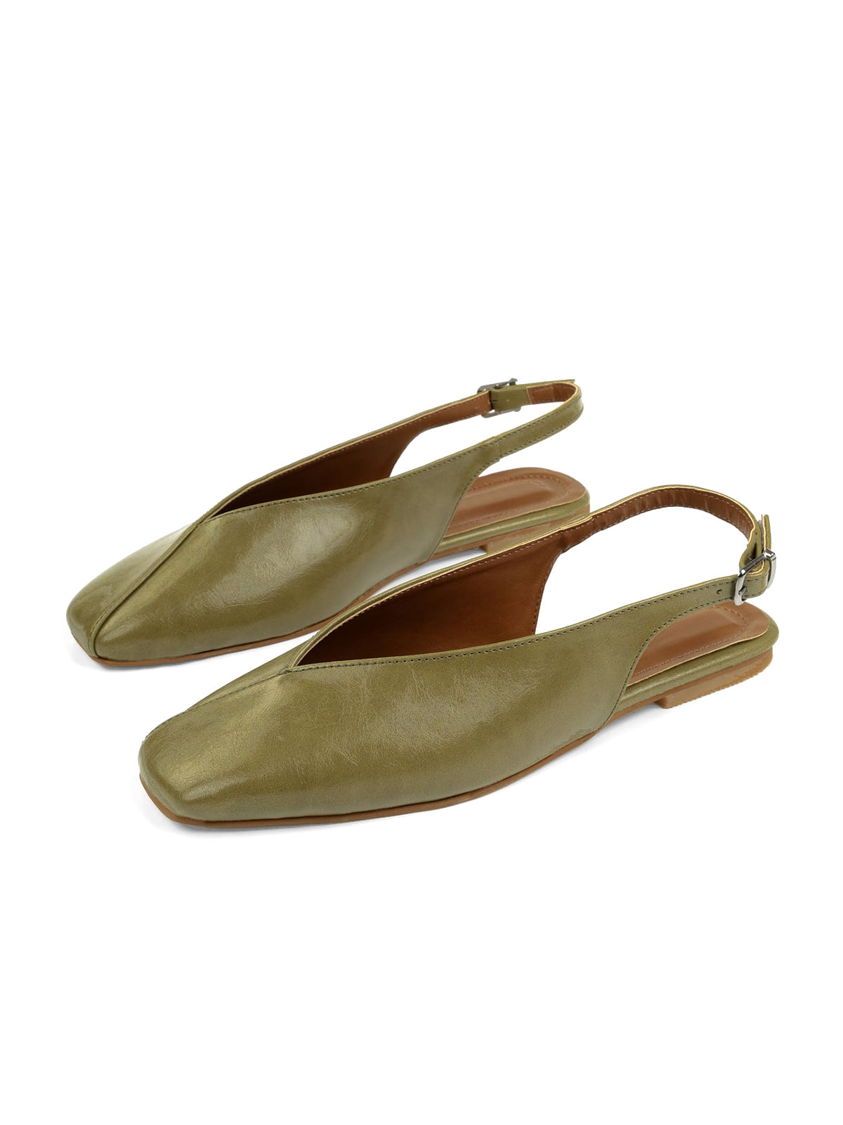 Olive Green Square-Toe Classic Buckle Back Strap Slip-On Flats