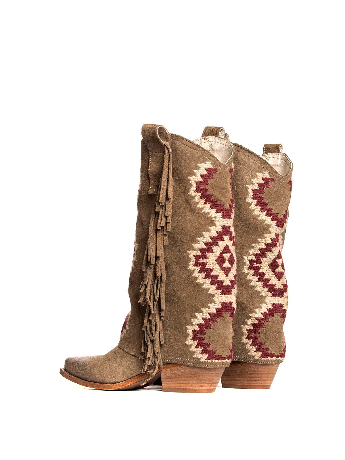 Side Fringe Snip-Toe Embroidery Fold-Over Mid Calf Cowgirl Boots - Tan Faux Suede