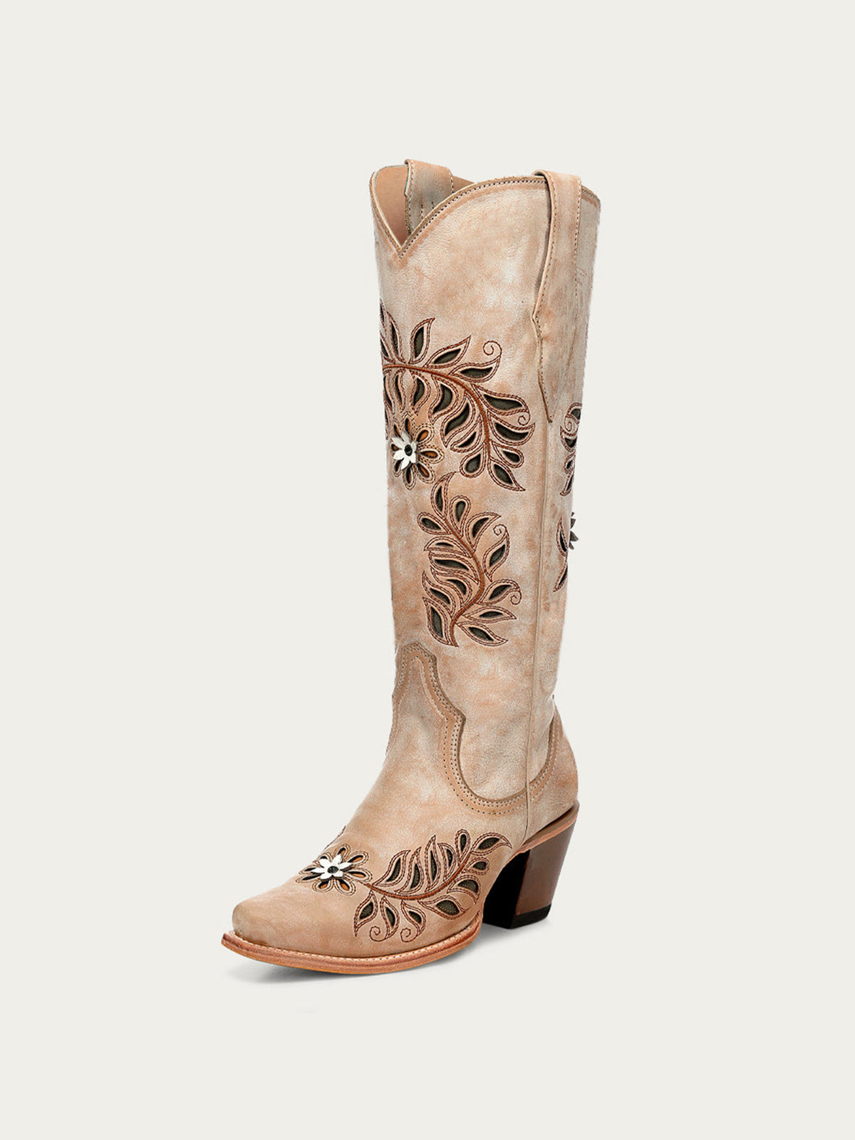 Tan Snip-Toe Leaves Flowers And Bird Inlay Half-Zip Knee High Cowgirl Boots