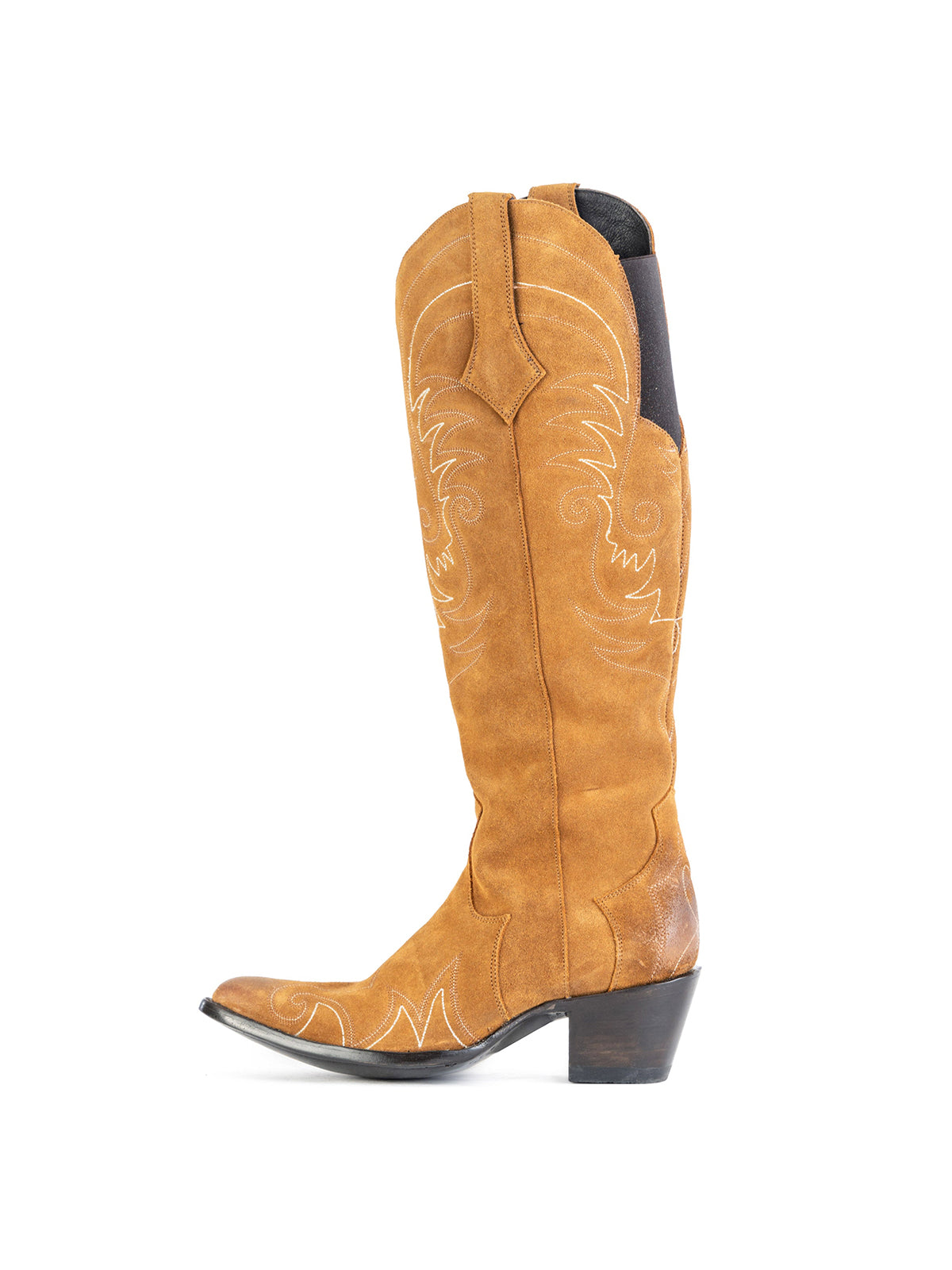 Side-Zip Pointed-Toe Chic Embroidery Wide Calf Knee High Cowgirl Boots - Tan