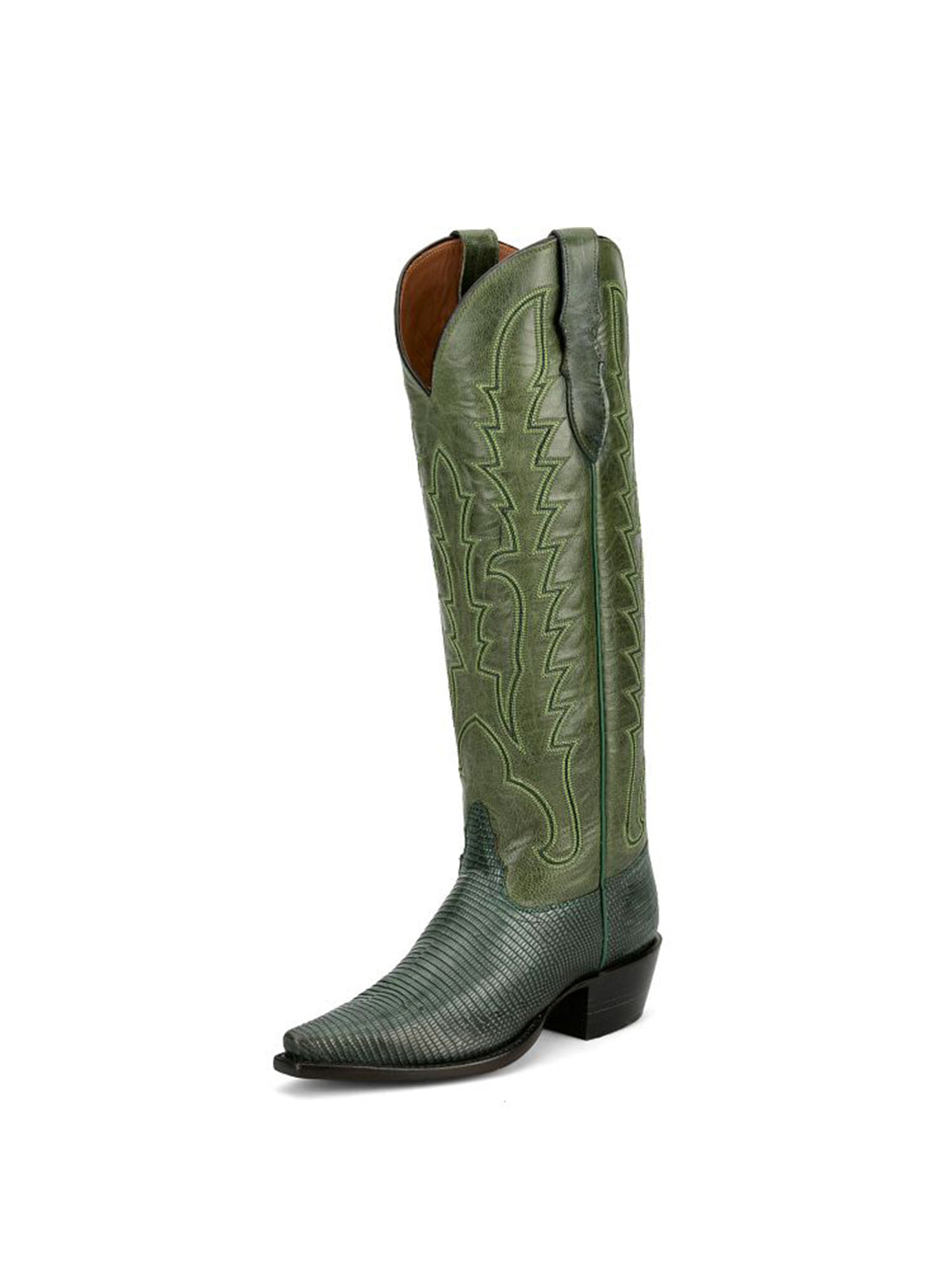 Green Lizard Print Snip-Toe Western Stitch Knee High Cowgirl Boots