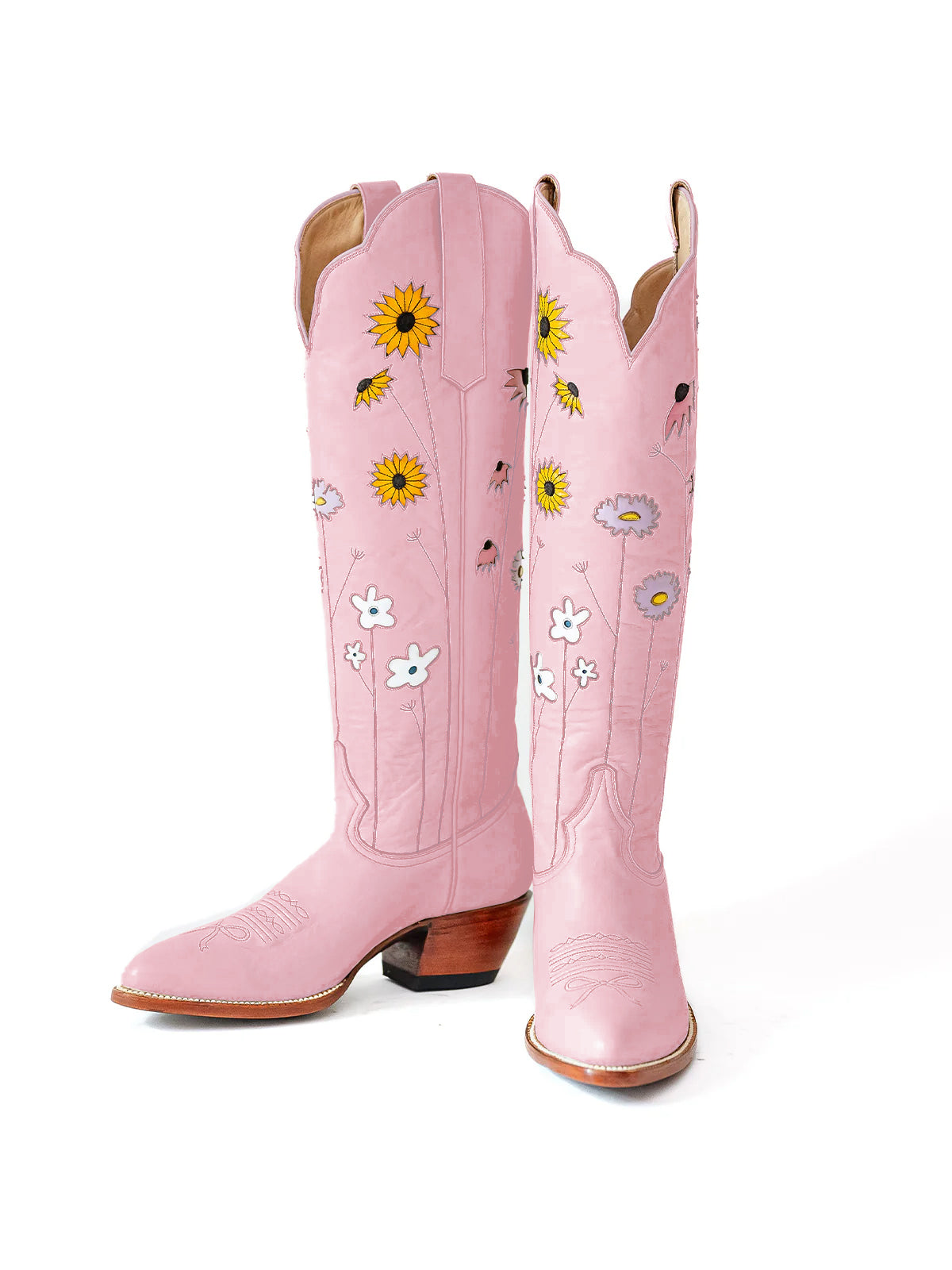 Blush Pink Almond-Toe Colorful Flowers Inlay Wide Calf Knee High Cowgirl Boots