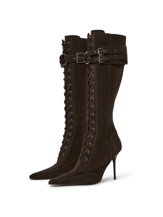Brown Pointed-Toe Front Full Lace-Up And Full-Zip Buckle Straps Knee High Stiletto Boots
