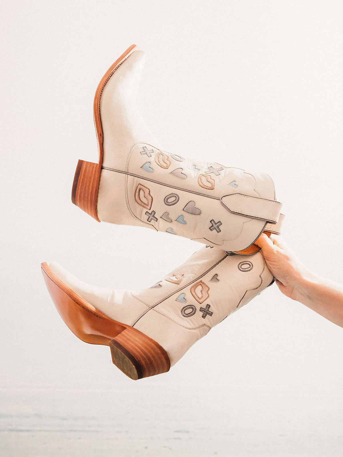 Cream Snip-Toe Mid Calf Cowgirl Boots With Inlays And Appliques