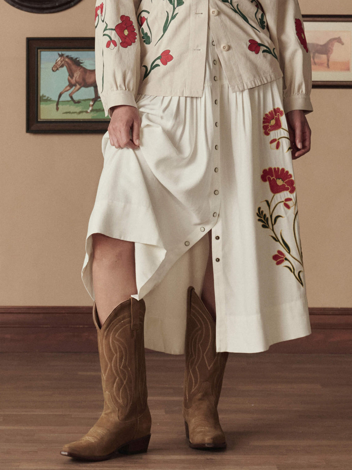 Tan Faux Suede Snip-Toe Classic Stitch Mid Calf Cowgirl Boots
