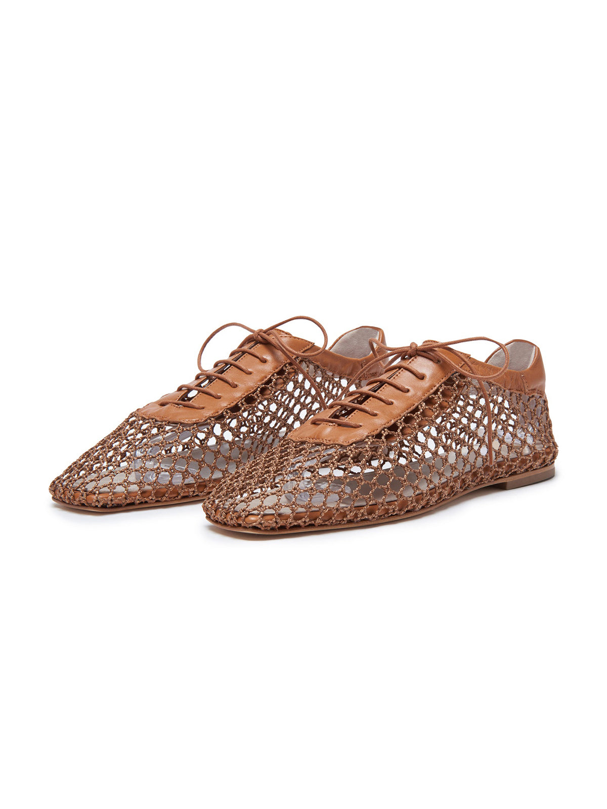 Camel Mesh And Vegan Leather Square-Toe Lace-Up Chic Flats