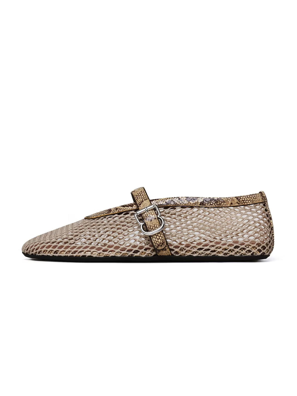 Honey Mesh And Snakeskin Pattern Square-Toe Mary Jane Ballet Flats