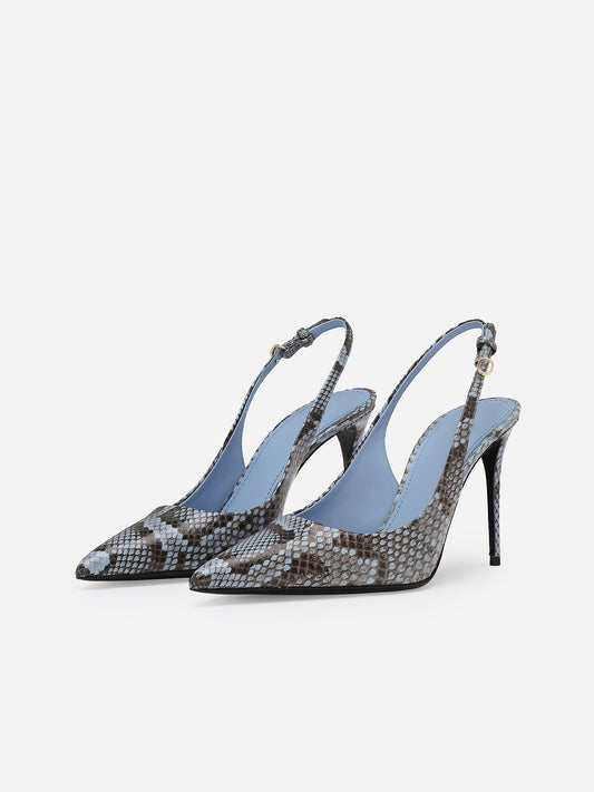 Blue Snakeskin Print Pointed-Toe Buckle Slingback High Heels Pumps