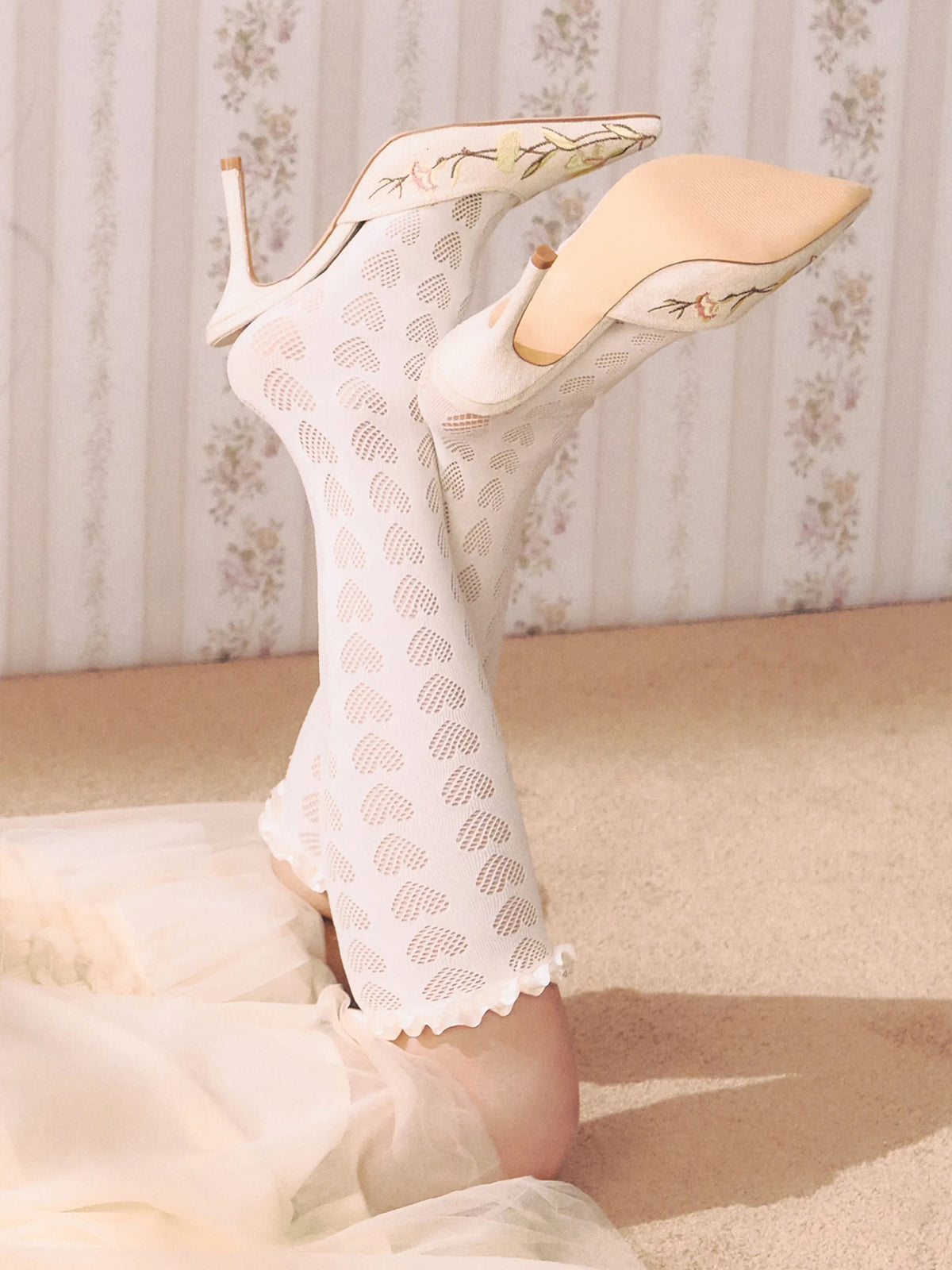 Beige Woven Canvas Pointed-Toe Flower Embroidery Slip-On High Heels