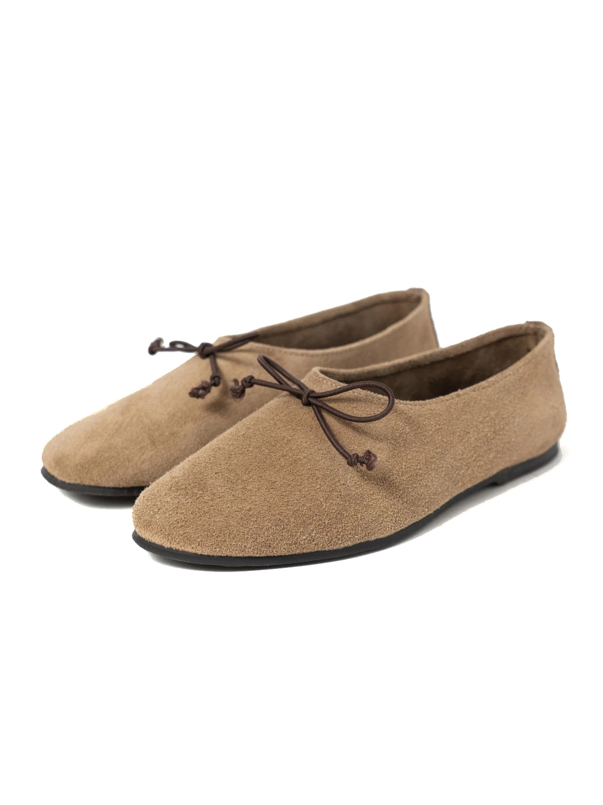 Light Khaki Cow Suede Round-Toe Front Bow Slip-On Flats