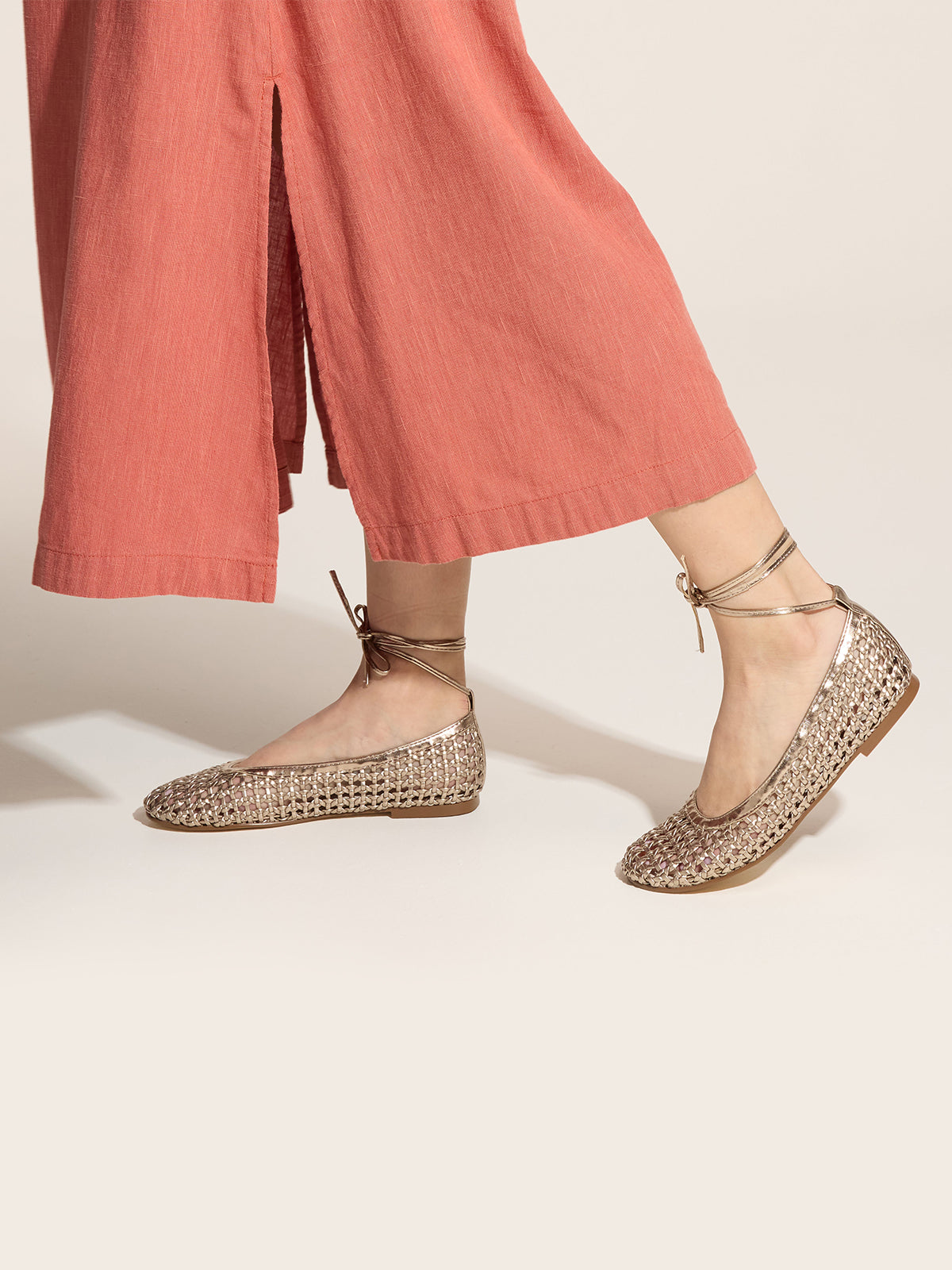 Metallic Gold Woven Round-Toe Ballet Flats