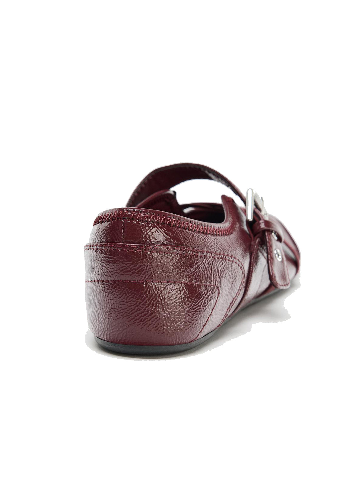 Patent Burgundy Round-Toe Crossed Straps And Buckle Mary Jane Ballet Flats