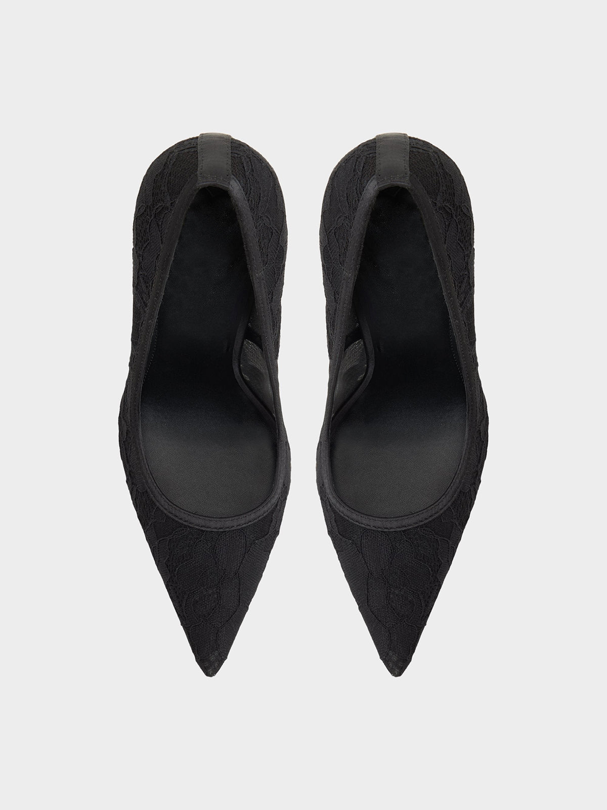 Black Lace Mesh And Satin Pointed-Toe Slip-On Pumps High Heels