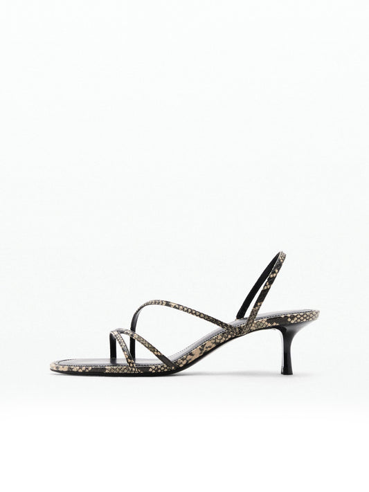 Gray Snakeskin Round-Toe Strappy Kitten Heels
