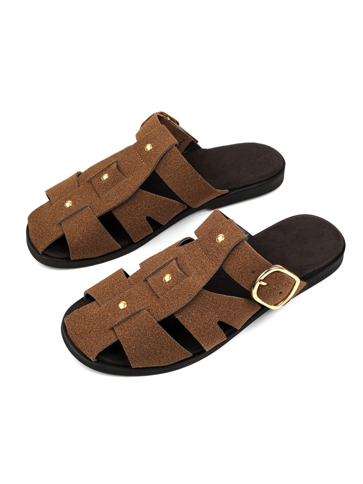Brown Cow Suede Round-Toe Caged Detail And Studs Backless Flats