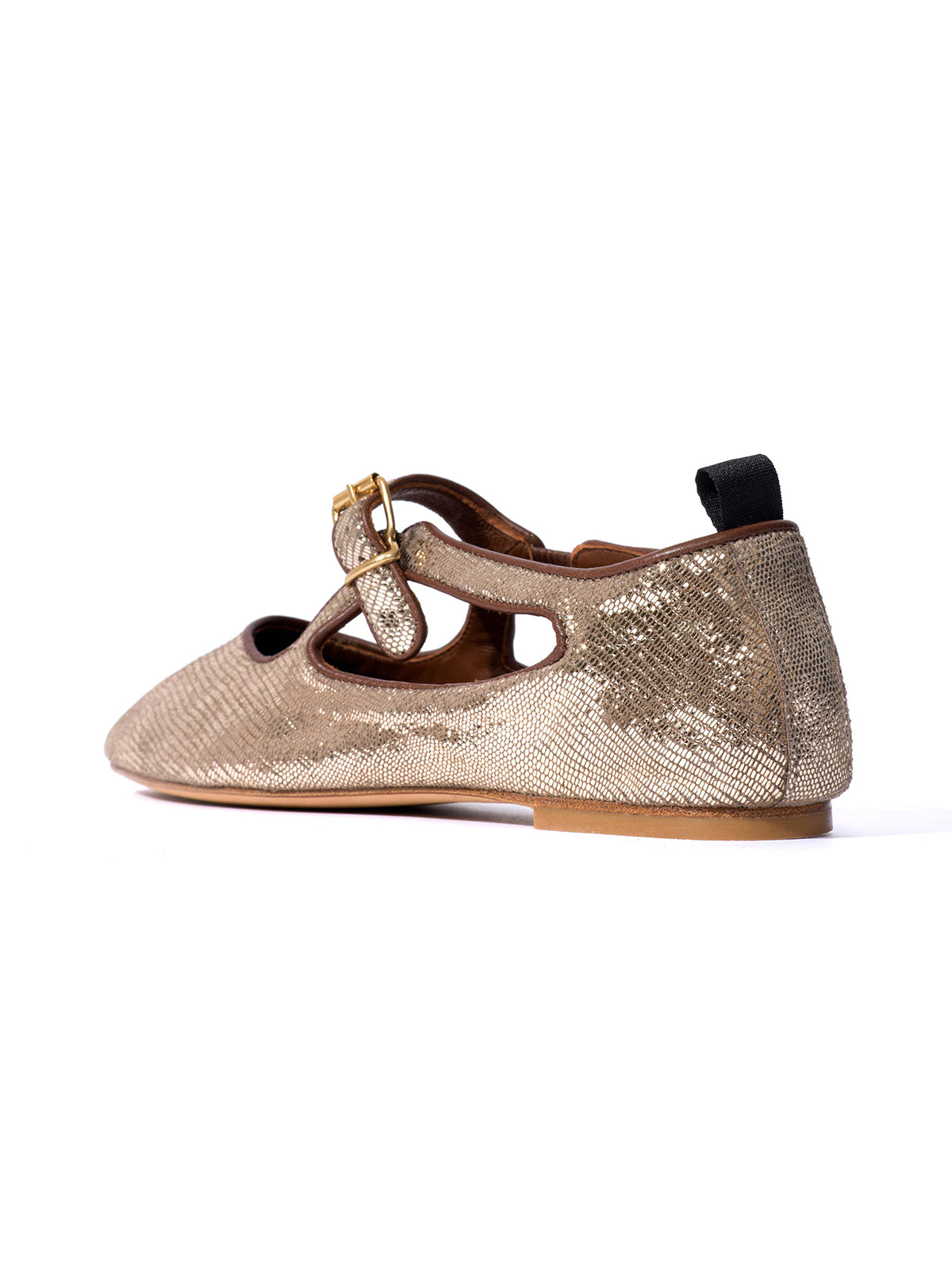 Square-Toe Buckle Strap Chic Flats - Metallic Champagne