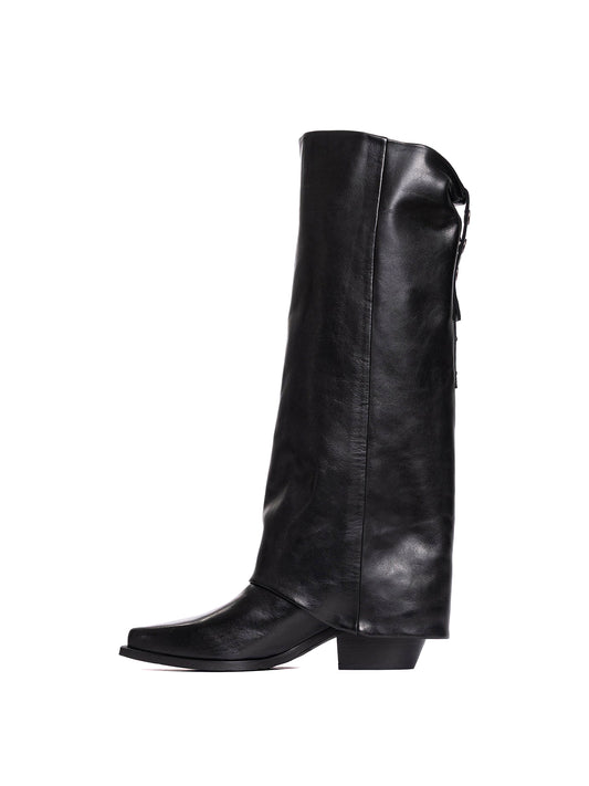 Black Snip-Toe Fold-Over Back Studs Wide Calf Knee High Cowgirl Boots