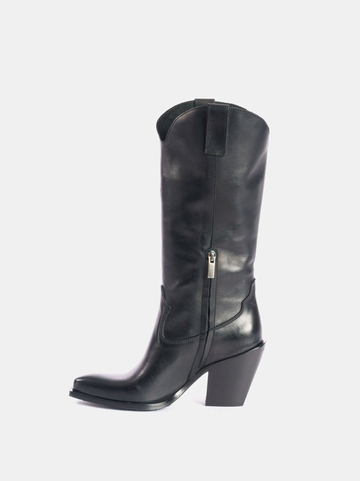 Black Snip-Toe Simple Half-Zip Mid Calf Classic Cowgirl Boots