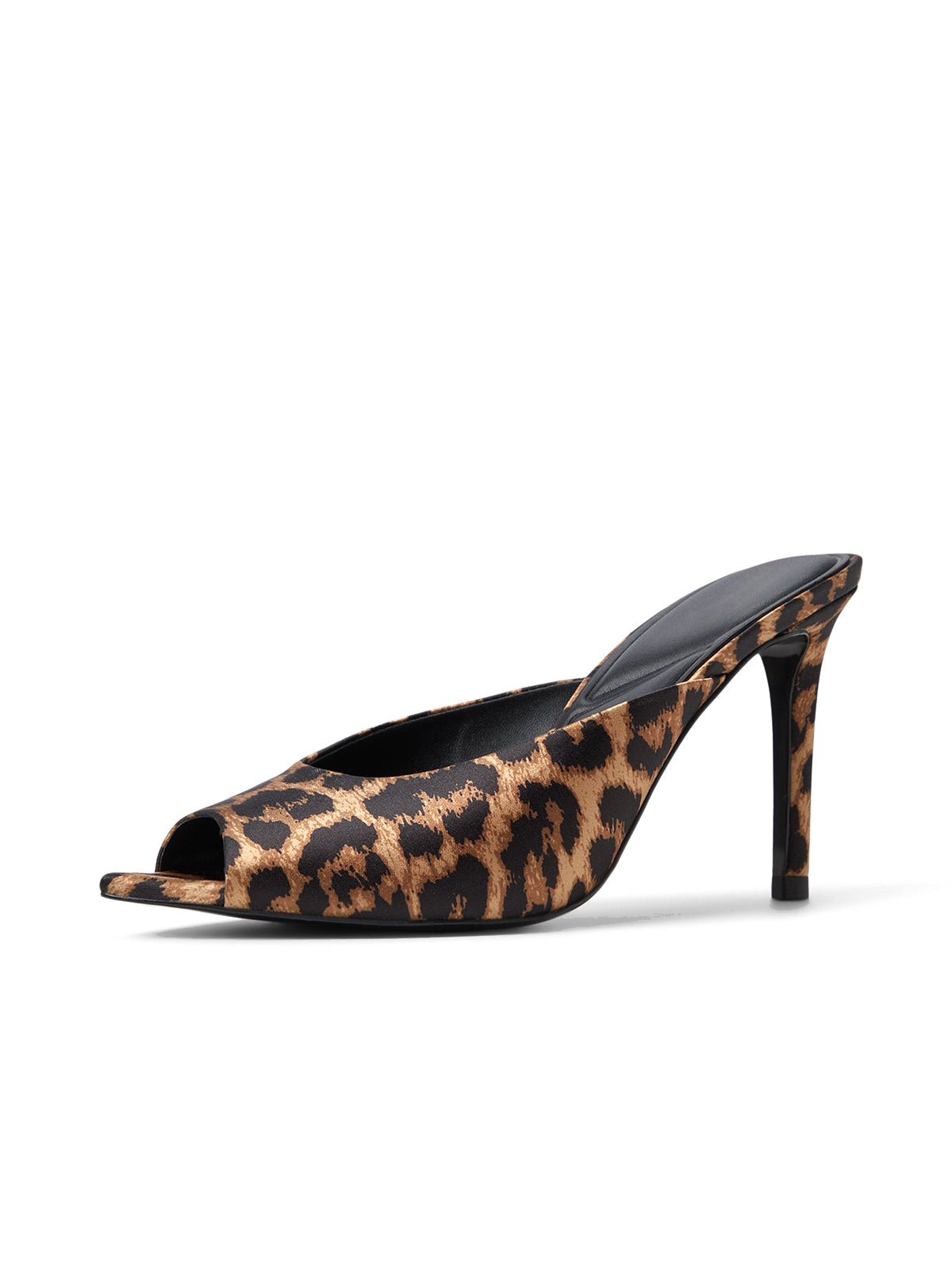 Leopard Satin Open Pointed-Toe Backless High Heels