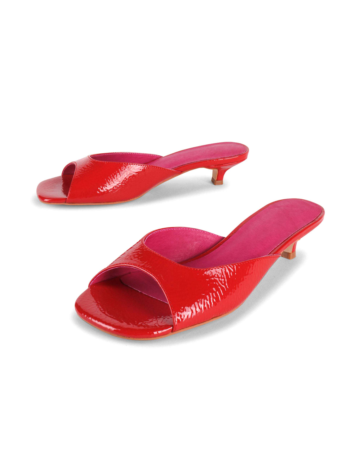 Patent Red Peep Square-Toe Backless Kitten Heels