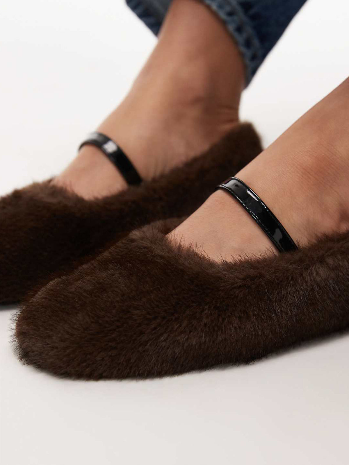 Dark Brown Plush Round-Toe Patent Bridge Strap Ballet Flats