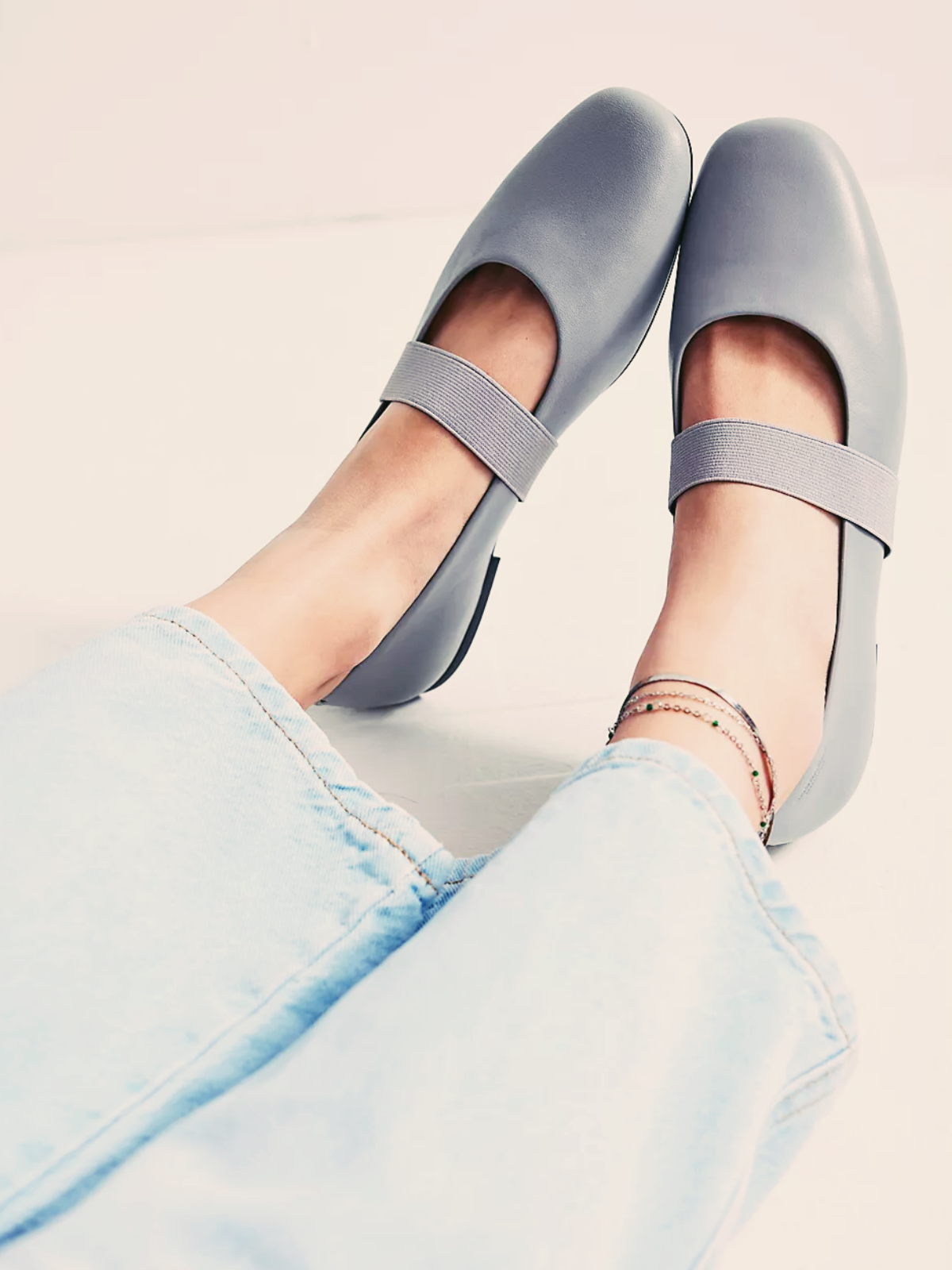 Grey Square-Toe Flats Mary Janes With Wide Elastic Band