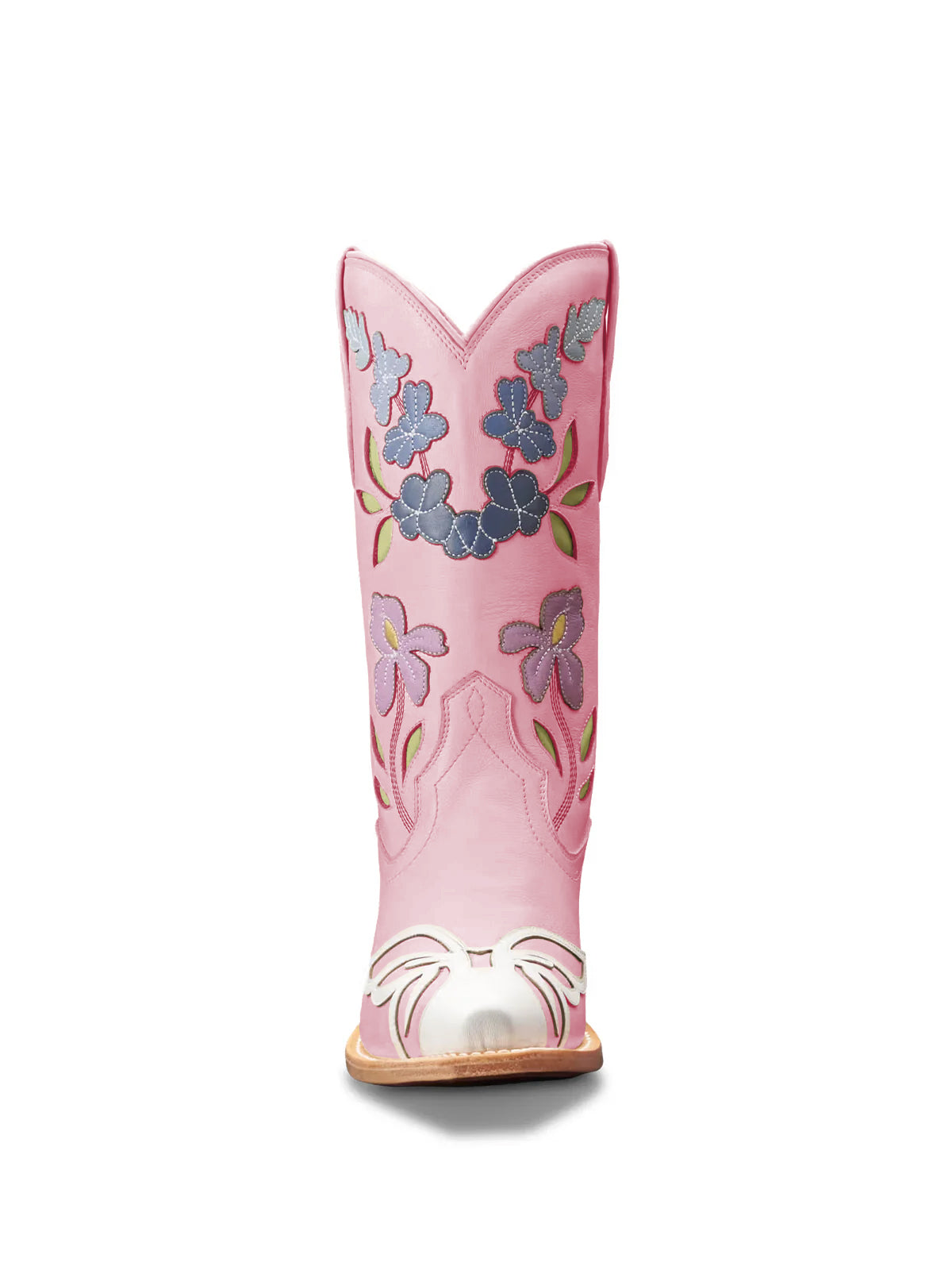 Light Pink Snip-Toe Flower Applique Mid Calf Pull On Cowgirl Boots