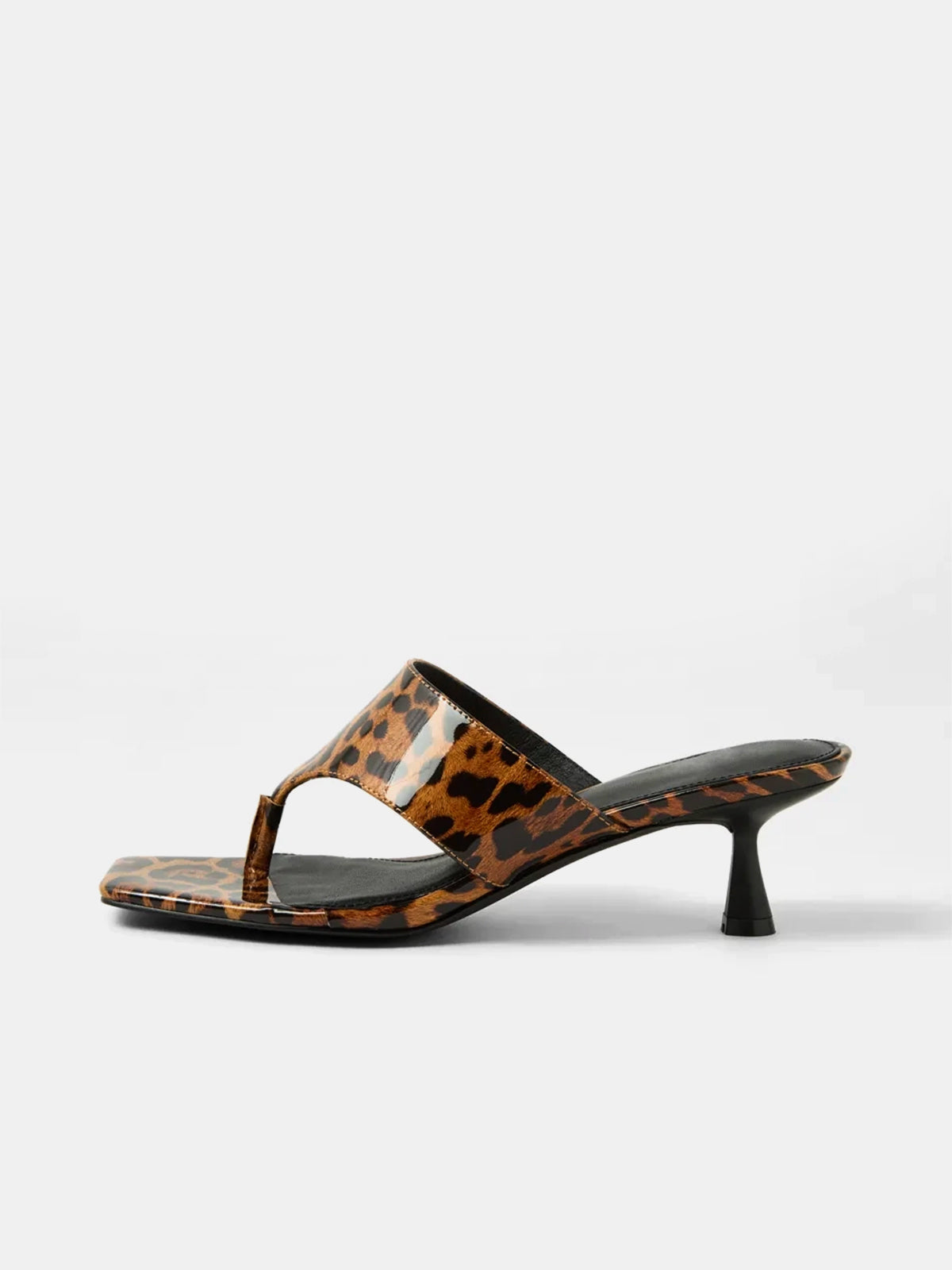 Square-Toe Slip-On Kitten Heel Sandals - Patent Leopard