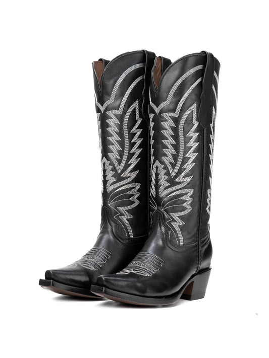Snip-Toe Sleek Embroidery Wide Calf Knee High Cowgirl Boots For Woman - Black