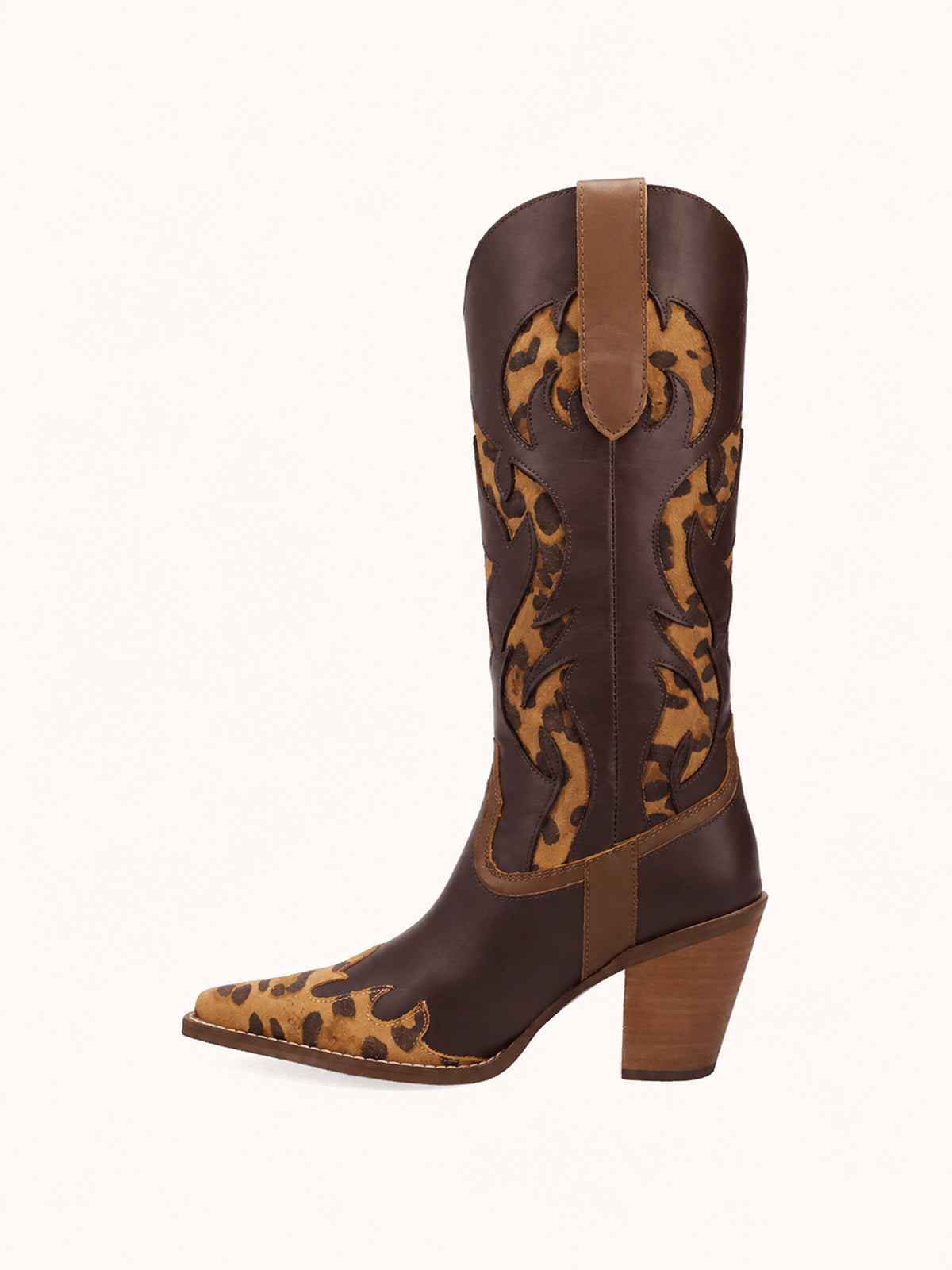 Contrast Coffee And Leopard Pattern Snip-Toe Mid Calf Cowgirl Boots