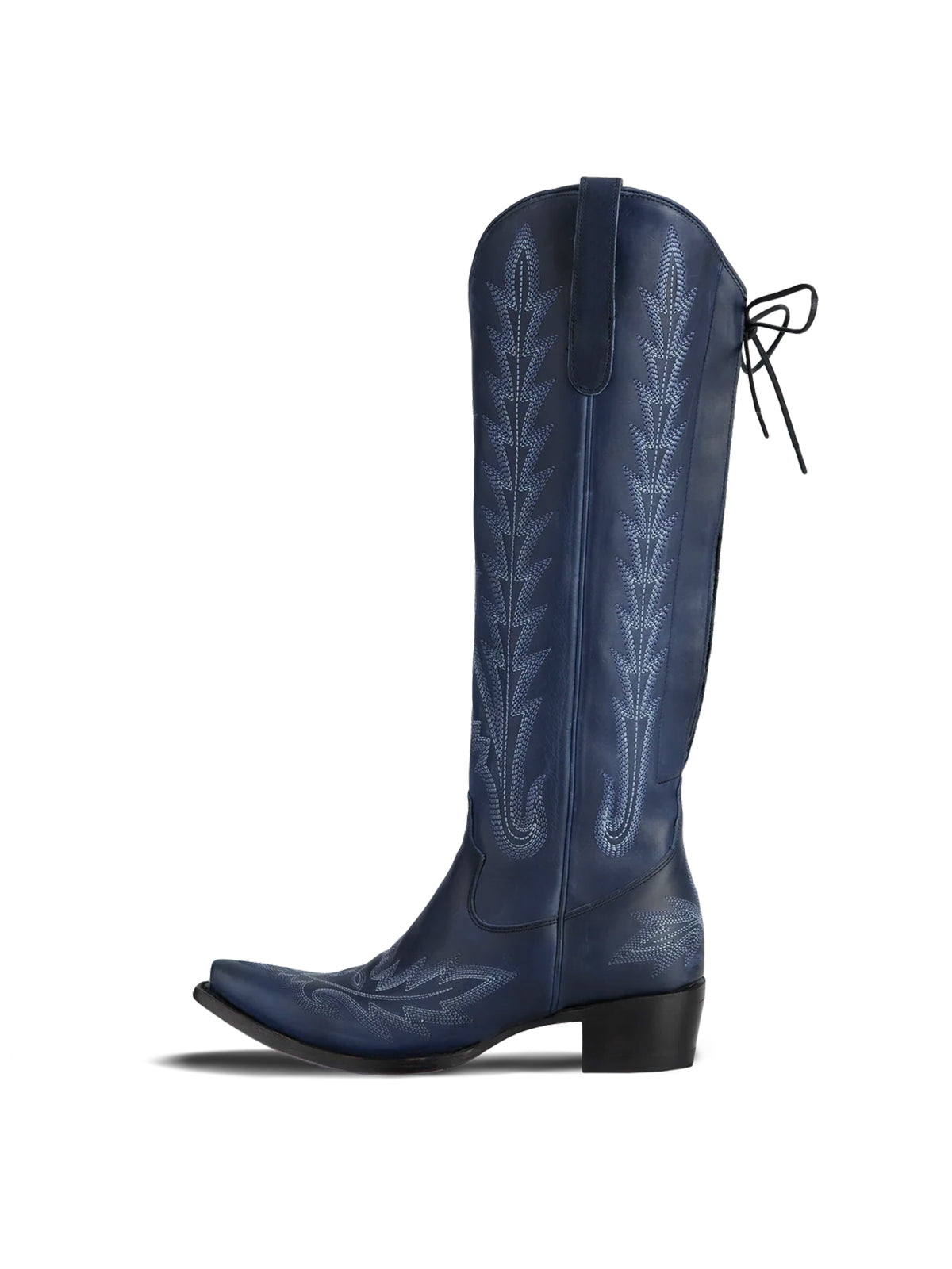 Snip-Toe Embroidery Half-Zip Back Lace-Up Knee High Cowgirl Boots - Navy