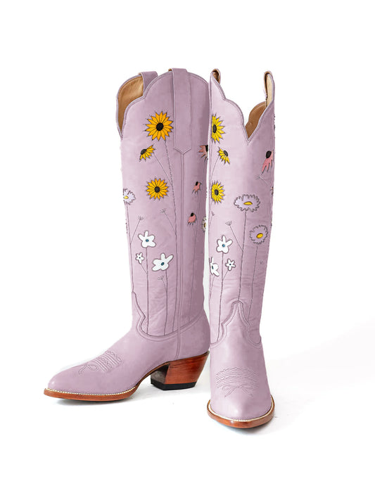 Light Purple Almond-Toe Colorful Flowers Inlay Wide Calf Knee High Cowgirl Boots