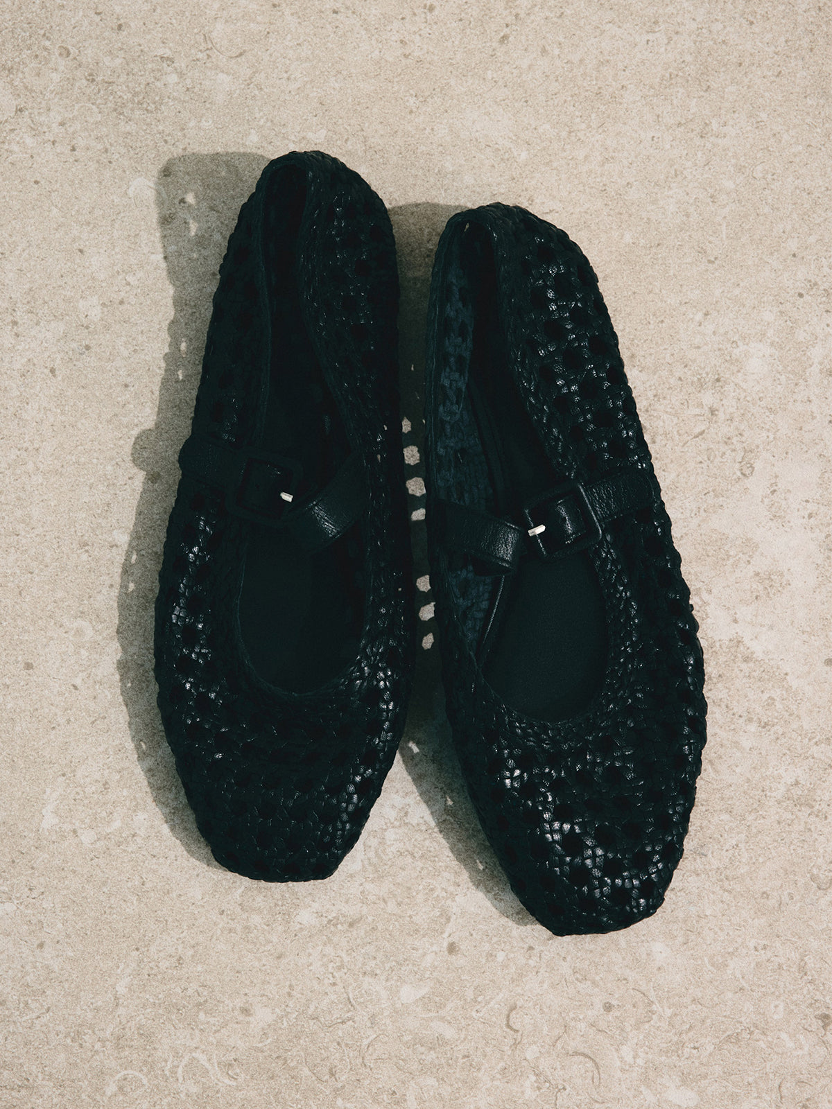 Black Vegan Leather Woven Square-Toe Mary Jane Ballet Flats