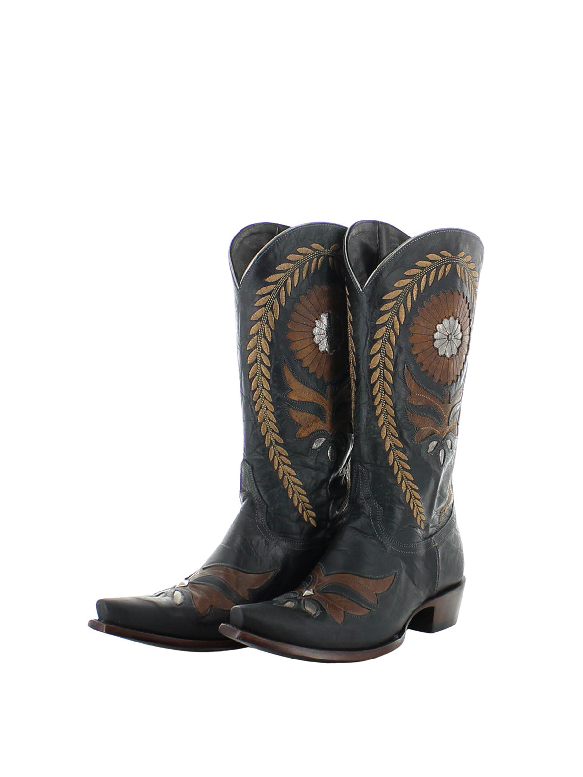 Black Snip-Toe Sunflower Inlay Rice Ears Embroidery Mid Calf Cowgirl Boots
