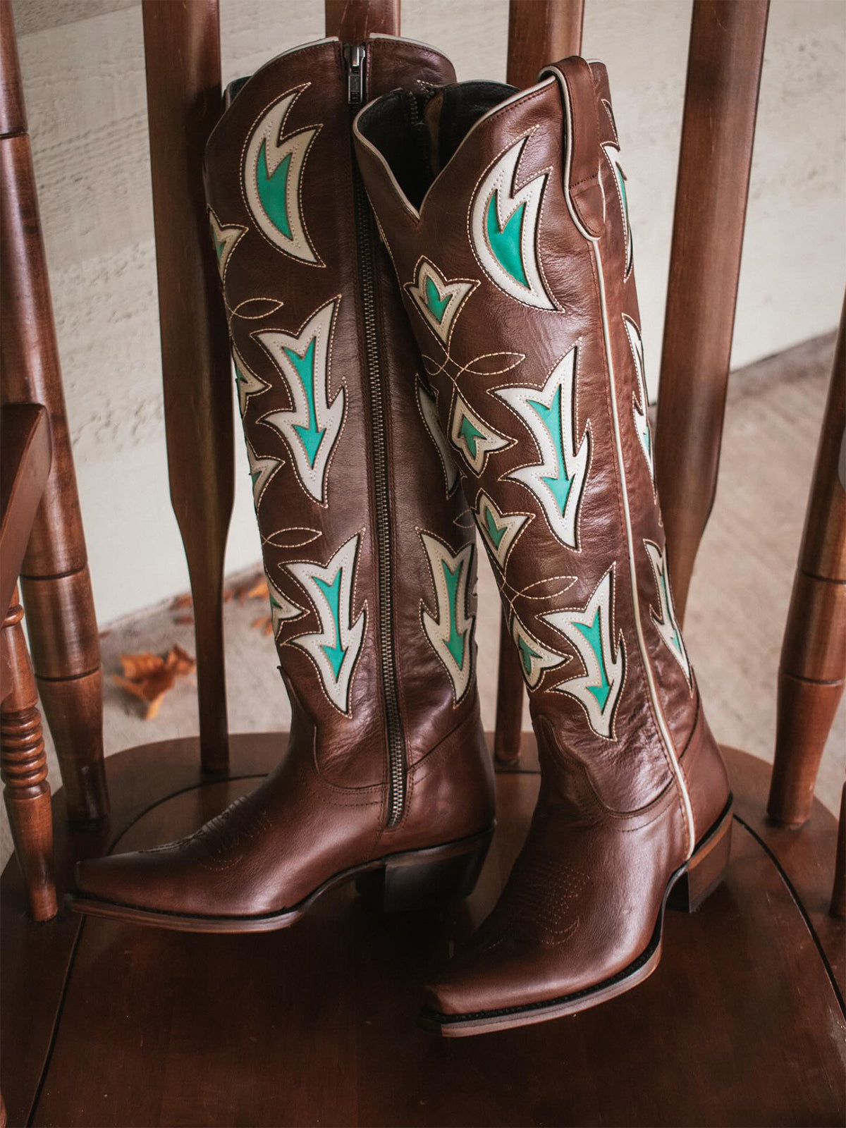 Brown Snip-Toe Flame Inlay Full-Zip Knee High Cowgirl Boots
