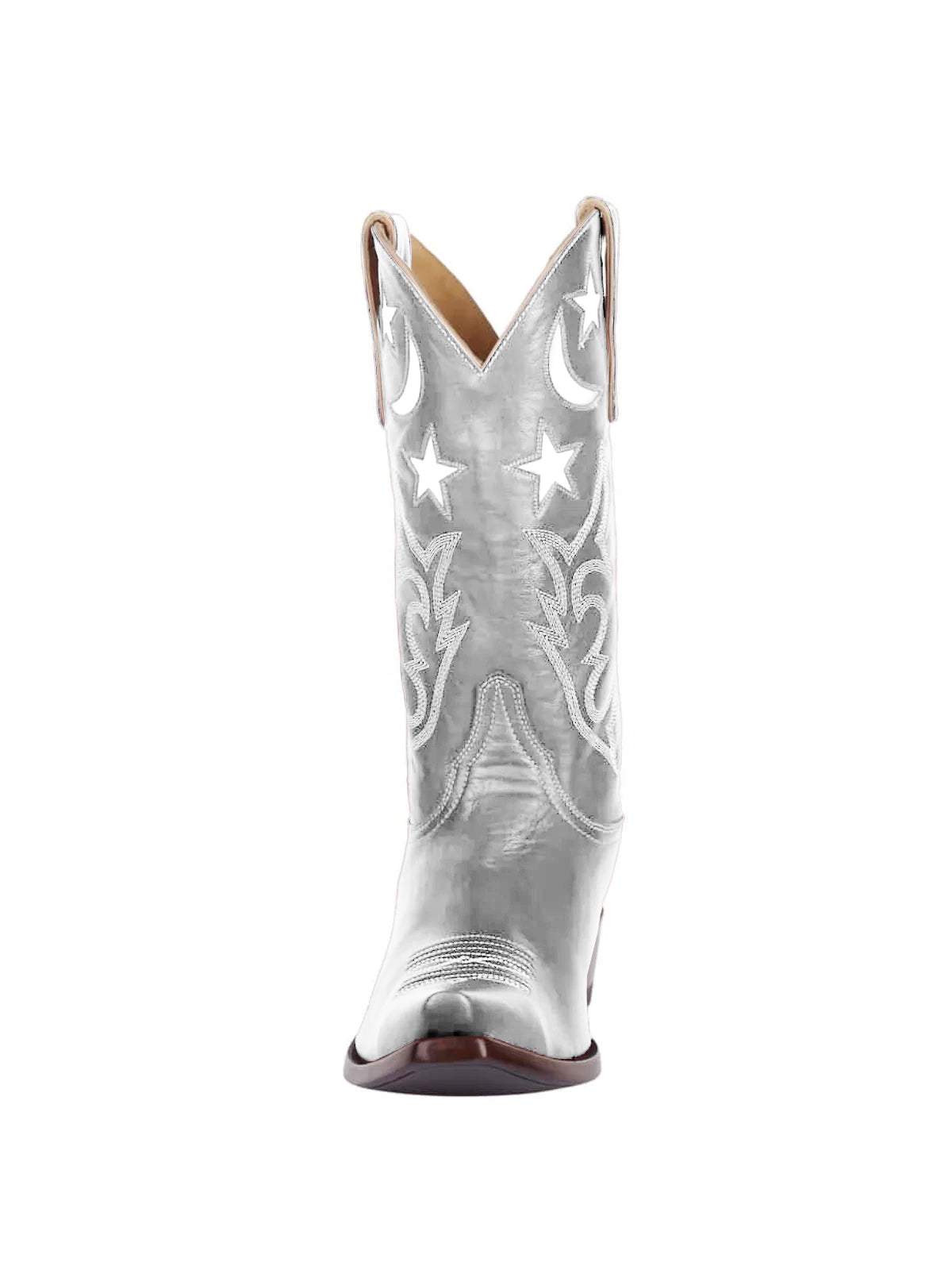 Metallic Silver Snip-Toe Moon And Star Inlay Embroidery Mid Calf Cowgirl Boots