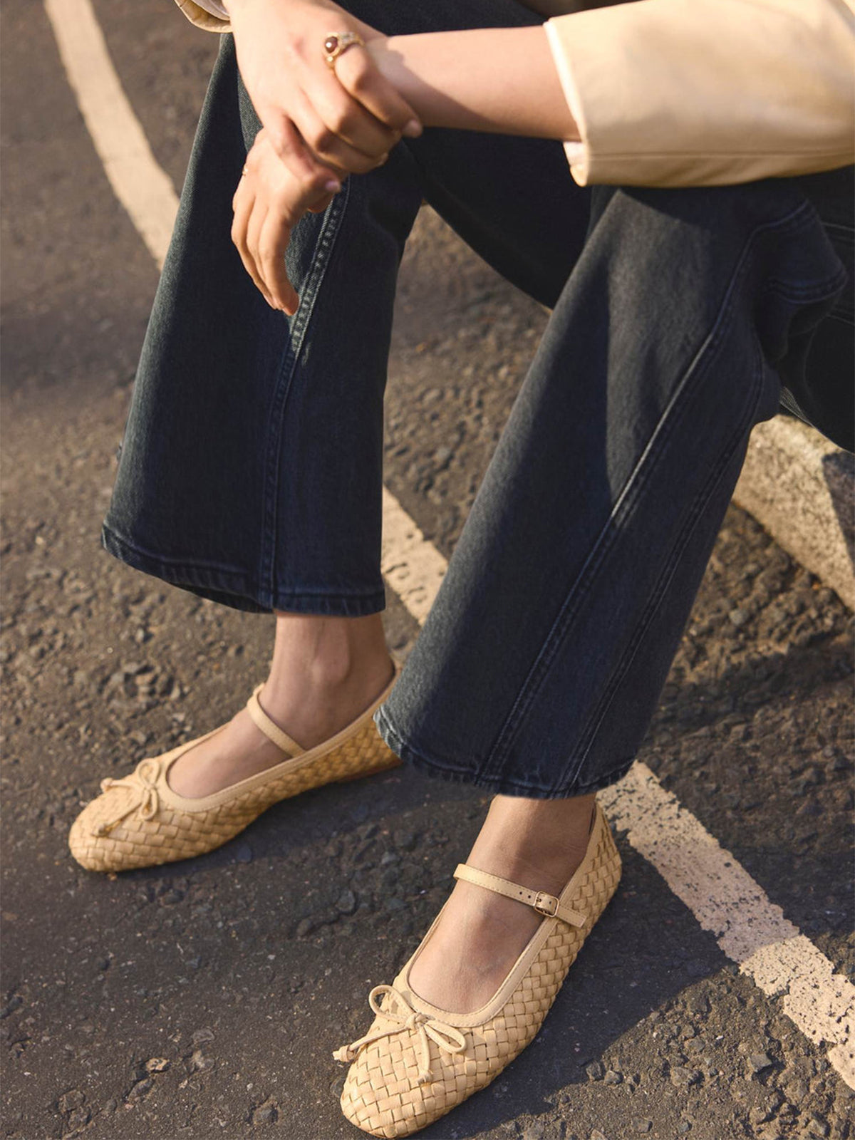 Yellow Woven Vegan Leather Square-Toe Front Bow And Mary Jane Flats