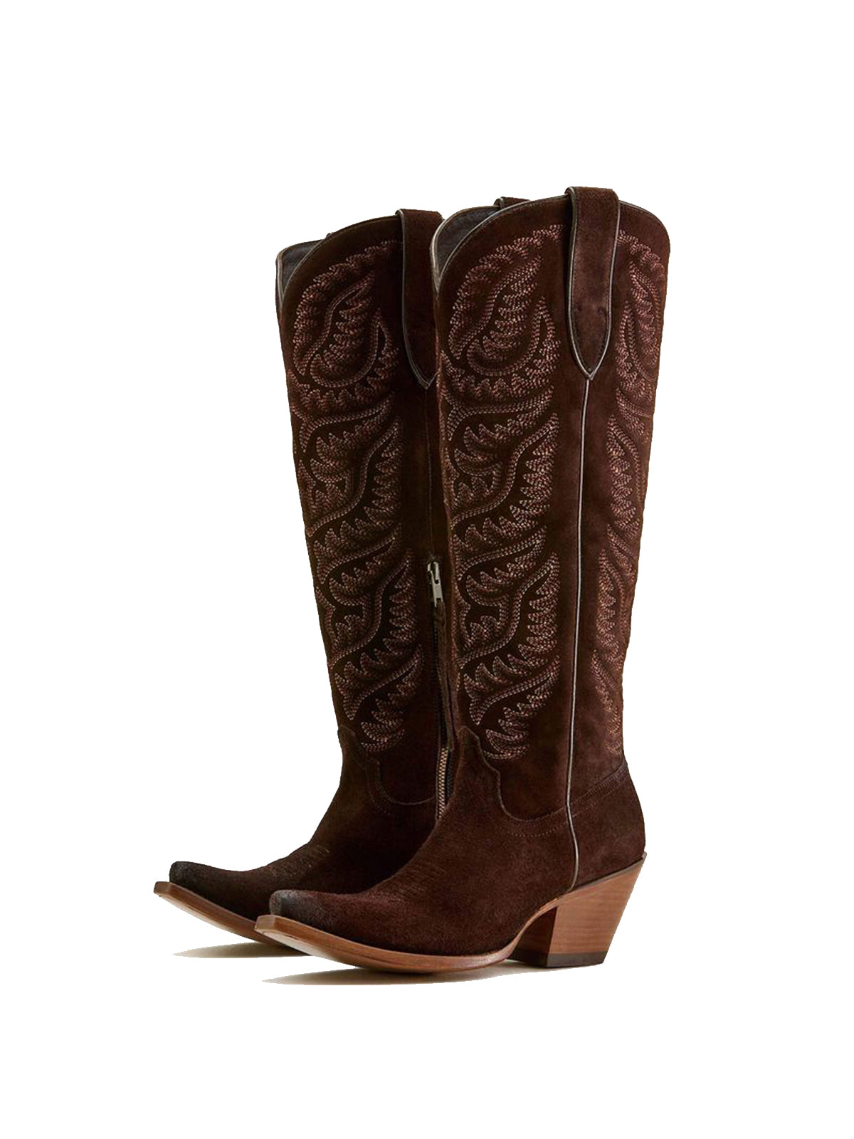 Embroidery Half-Zip Tall Knee High Faux Suede Snip-Toe Cowgirl Boots - Warm Brown